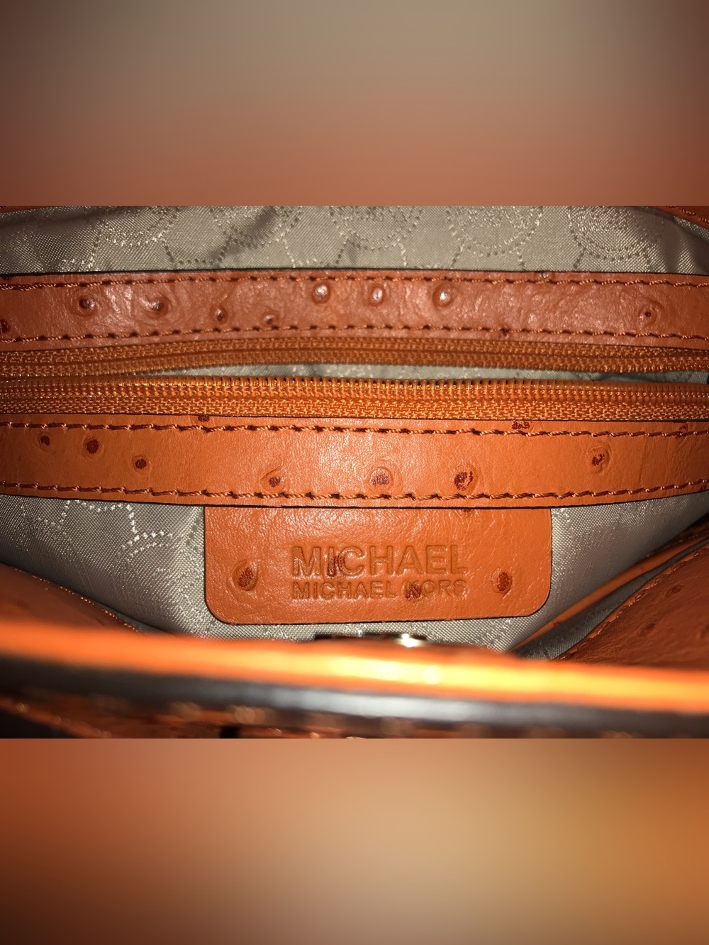 Michael Kors Orange Ostrich-Embossed Satchel Bag - Picture 4 of 13